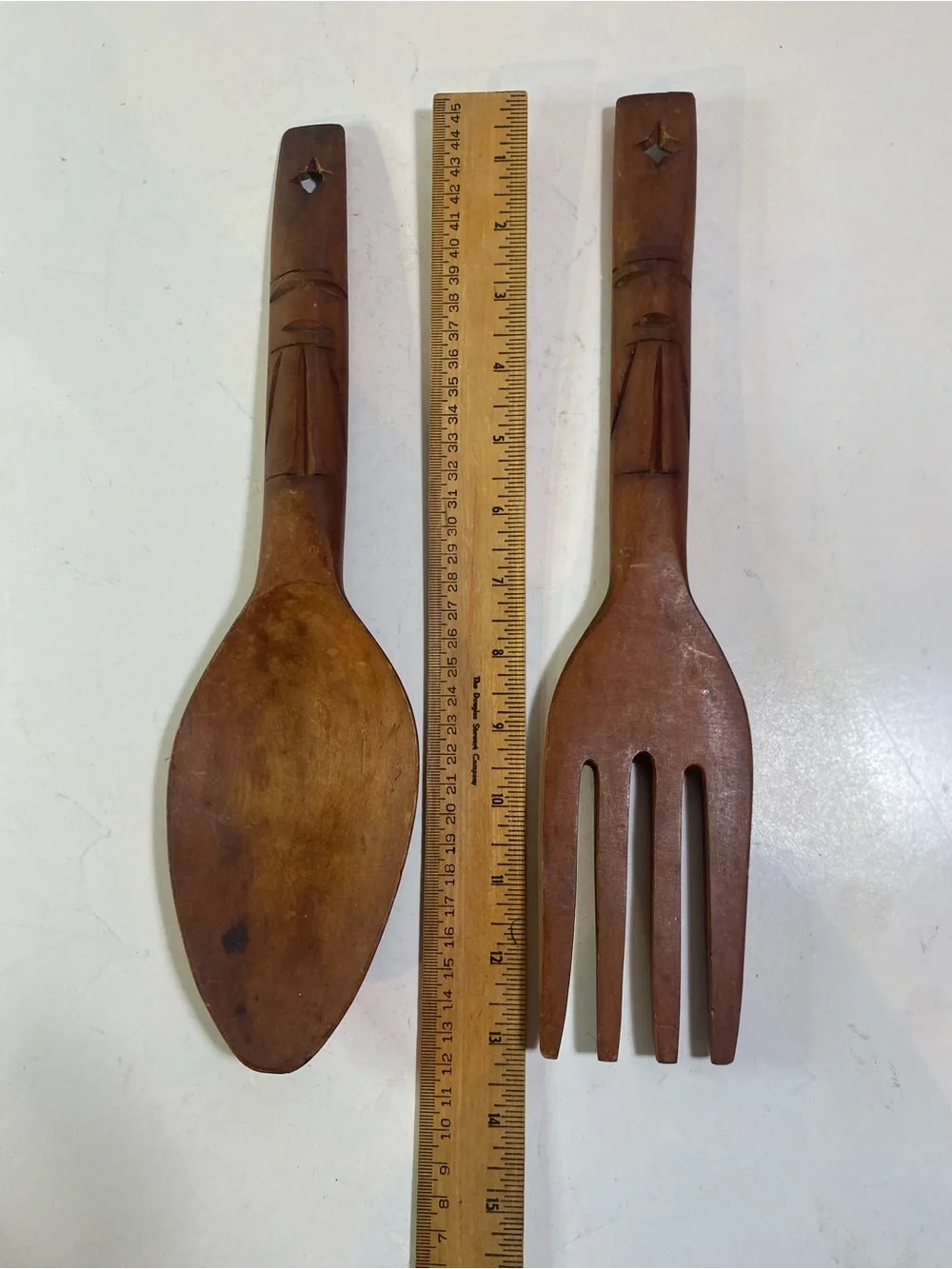 Vintage Carved Totem Monkey Pod Wooden Fork & Spoon 13” Length Partial Sticker